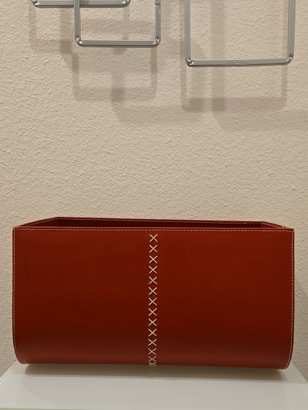 Vintage Crate & Barrel Modern Red Leather Basket Magazine Tote RARE